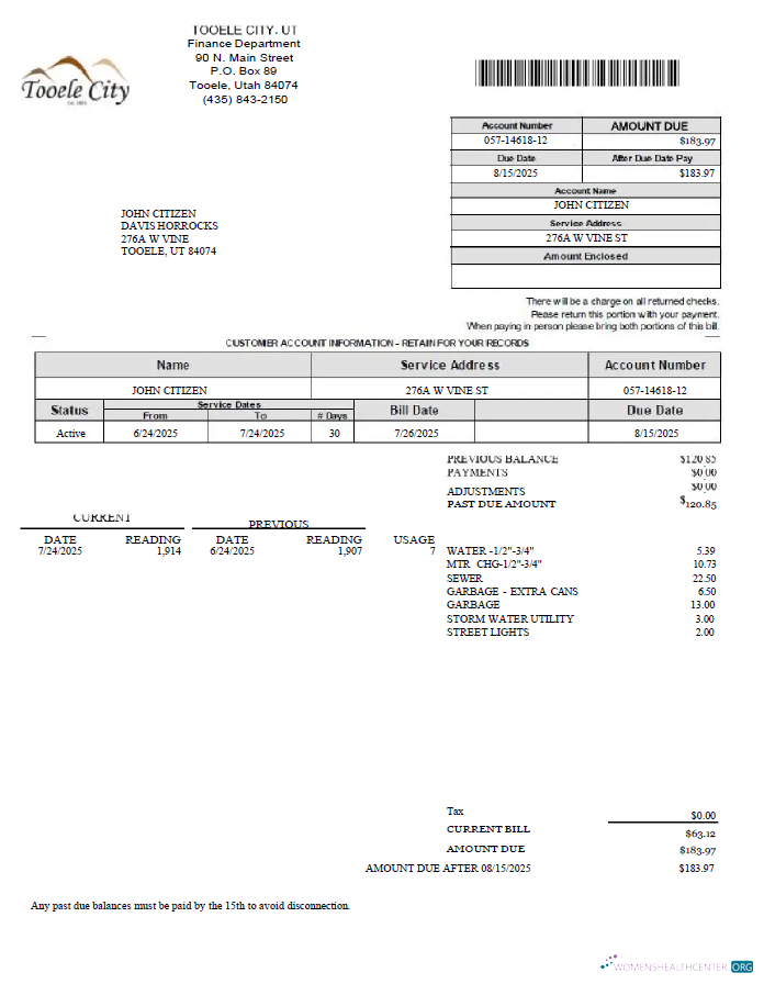 download download USA Tooele city utility bill template in Word and PDF formats PDF template PDF template